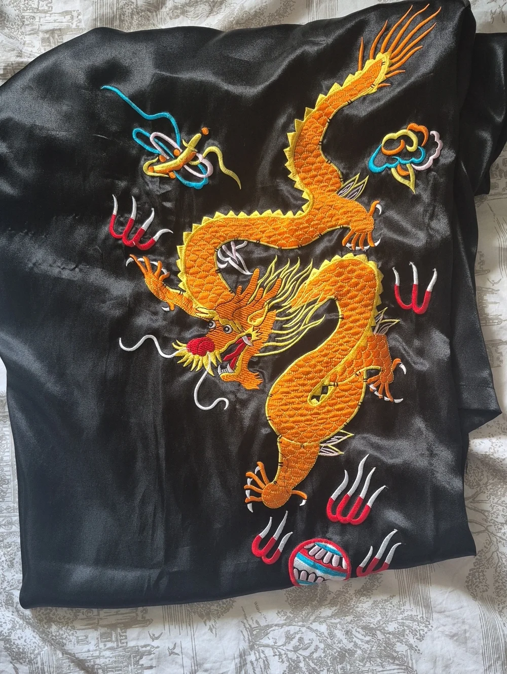 Pure Silk Robe with Embroidered Gold Dragon - Picture 1 of 6